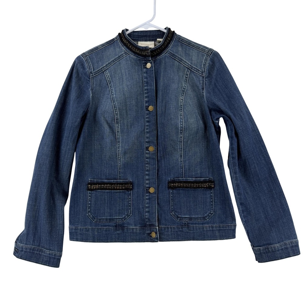 Chico's Embellished Denim Jacket Womens 0 Blue Collarless Snap Front Pockets